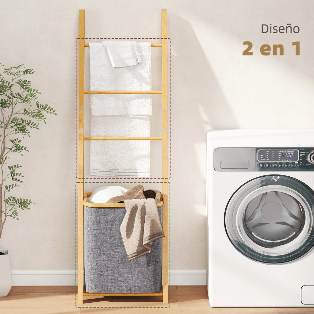 Mobile da Bagno in Bamb¨´ con 3 Sbarre e Cesto Lavanderia ¨C Zephmum ¨C Grigio 48L