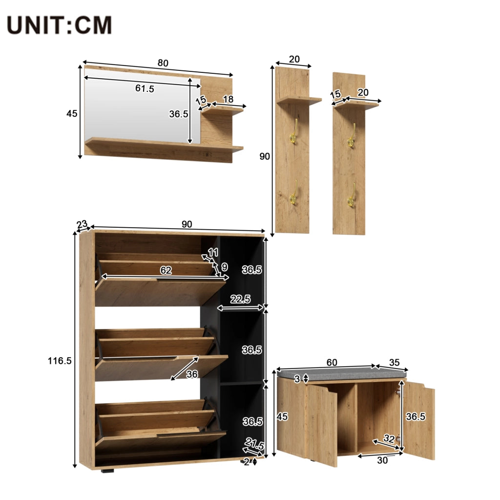Set Appendiabiti con Specchio, Scarpiera e Panca Imbottita in Legno Nero 150x35x161,5 cm per Ingresso