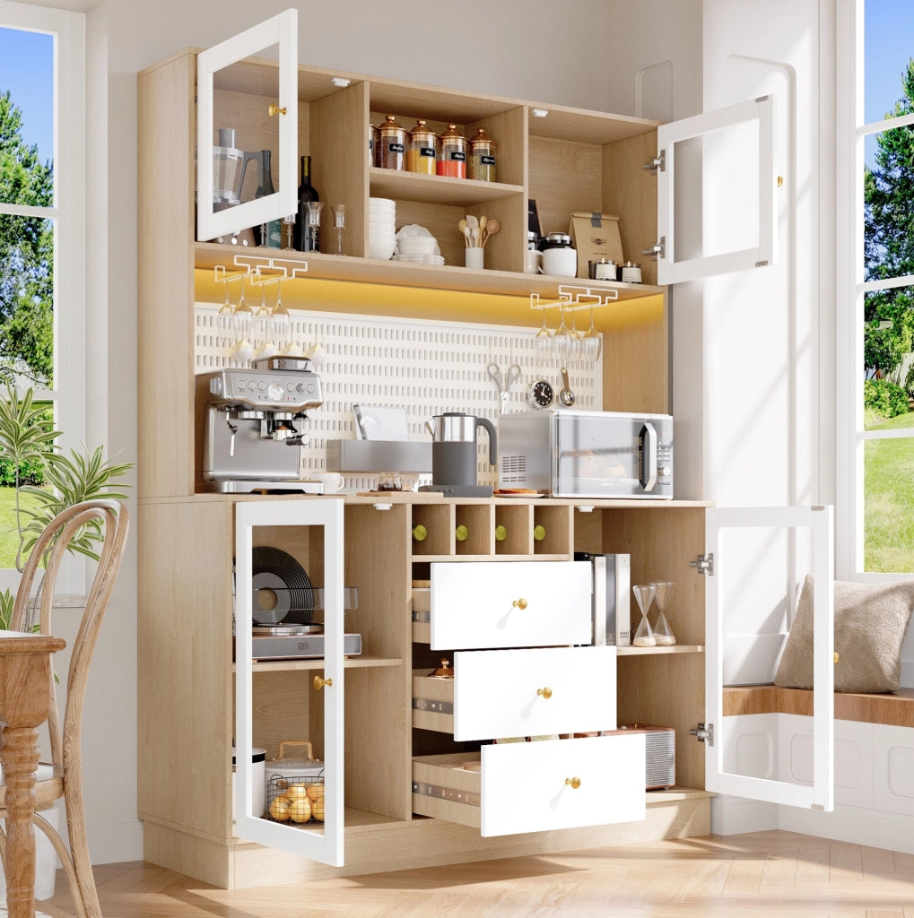 Hochschrank mit smartem LED-Licht, Weinregal und verstellbaren Einlegeböden, 140x40x185,7 cm, Weiß