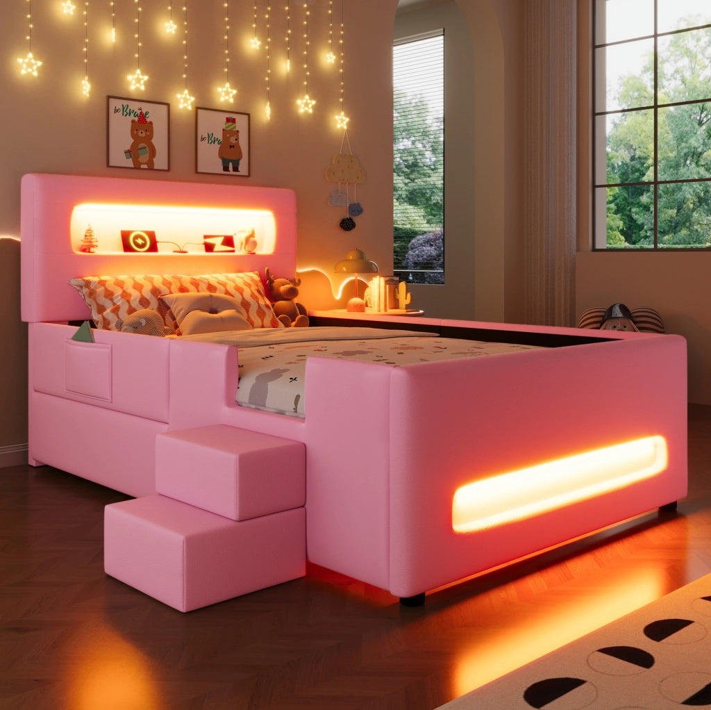 Letto piattaforma imbottito rosa 90x200 cm con scale, cassetti, luci LED e tasche portaoggetti
