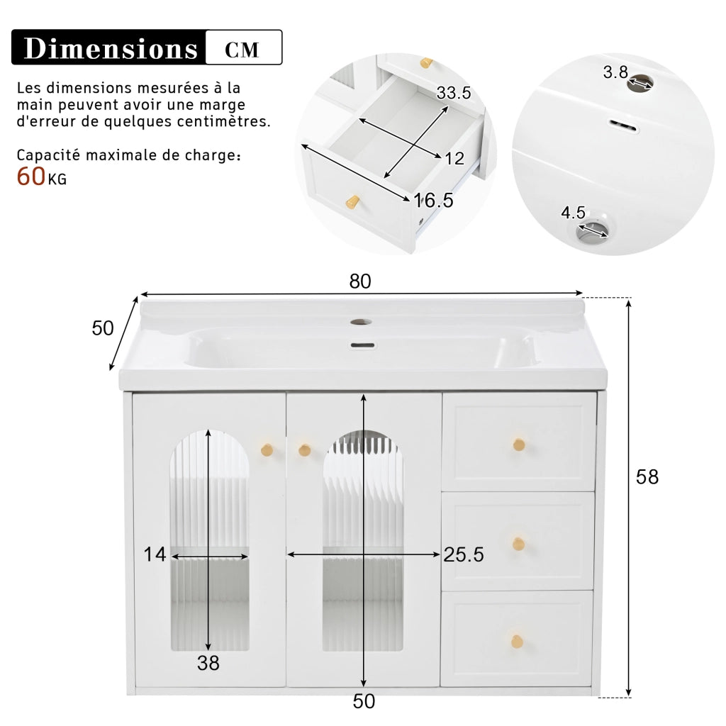 Mobiletto con lavabo sospeso in MDF bianco con 2 cassetti anta in vetro ondulato e ripiani regolabili