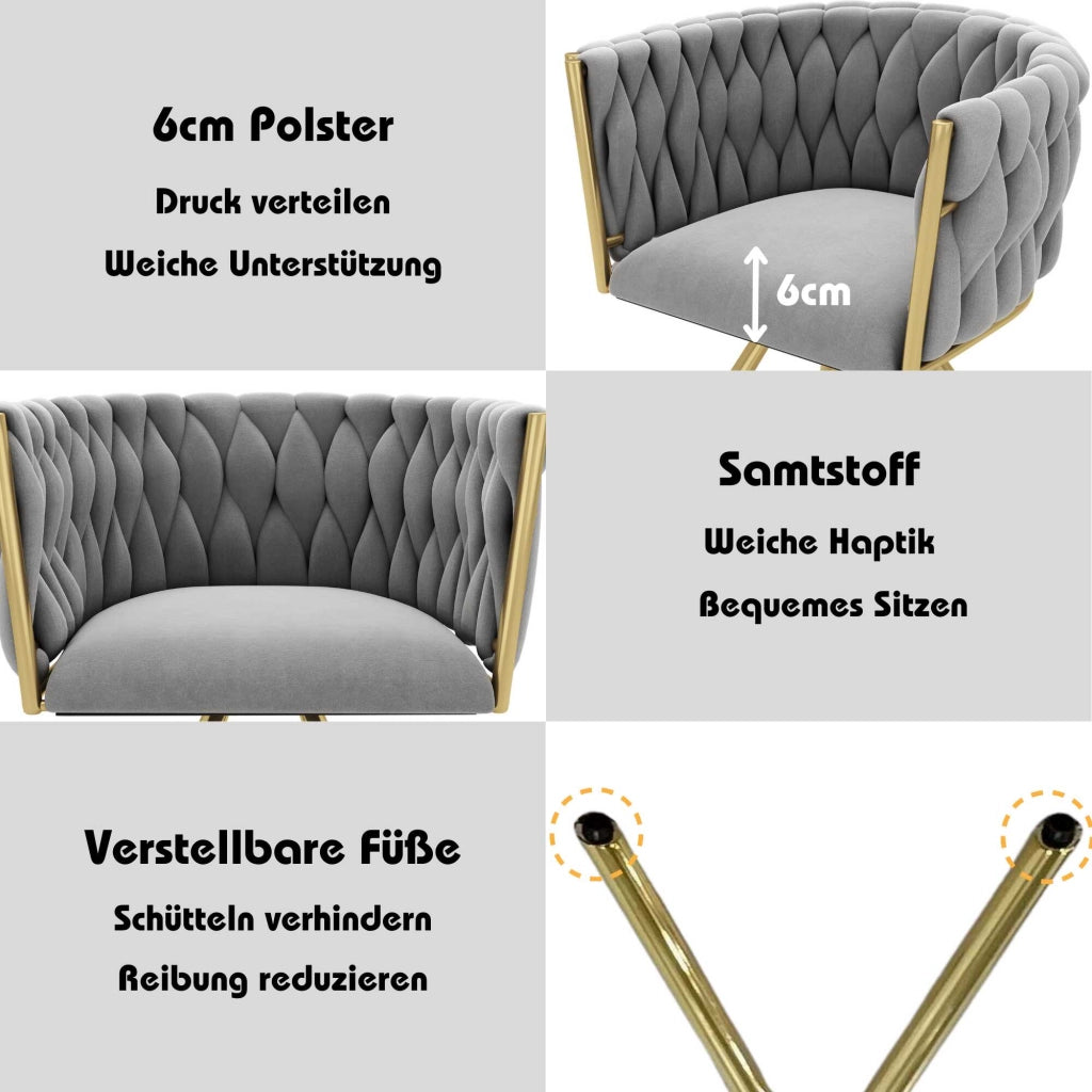 Set di 2 Sedie da Pranzo in Velluto; Girevoli; con Gambe in Metallo; Design Ergonomico; Grigio E Oro