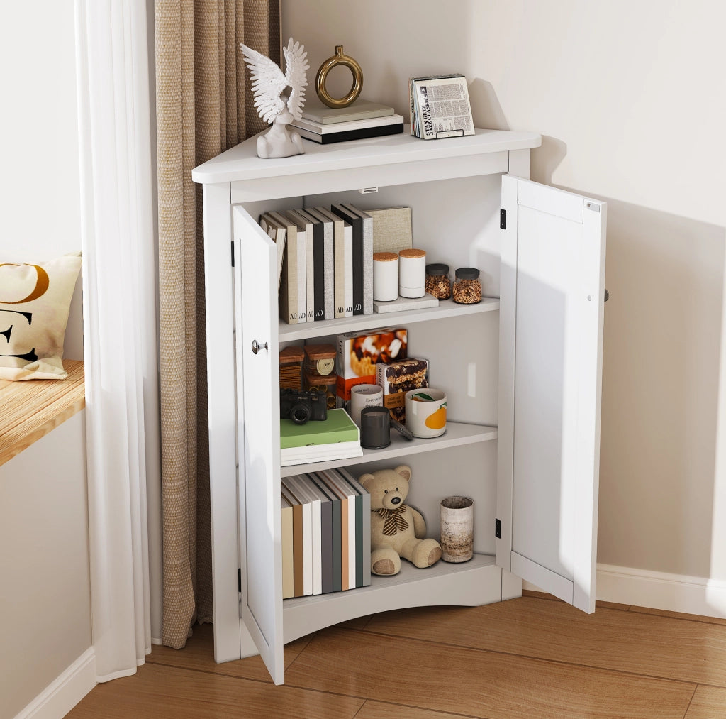 Mobile Armadietto Angolare Bianco per Bagno con 2 Ante e 3 Ripiani in MDF Laccato 61,5x80 cm