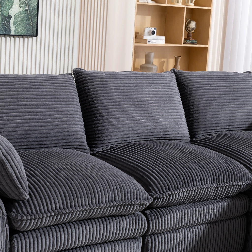 Sedili per divani modulari 4 con pouf 2; 335x167x85 cm;cuscini e tasche laterali;strati di seduta in schiuma 3 con molle;velluto a coste;grigio scuro