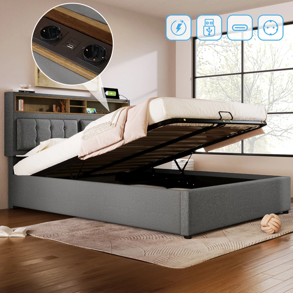 Letto contenitore imbottito 140x200 grigio con prese USB