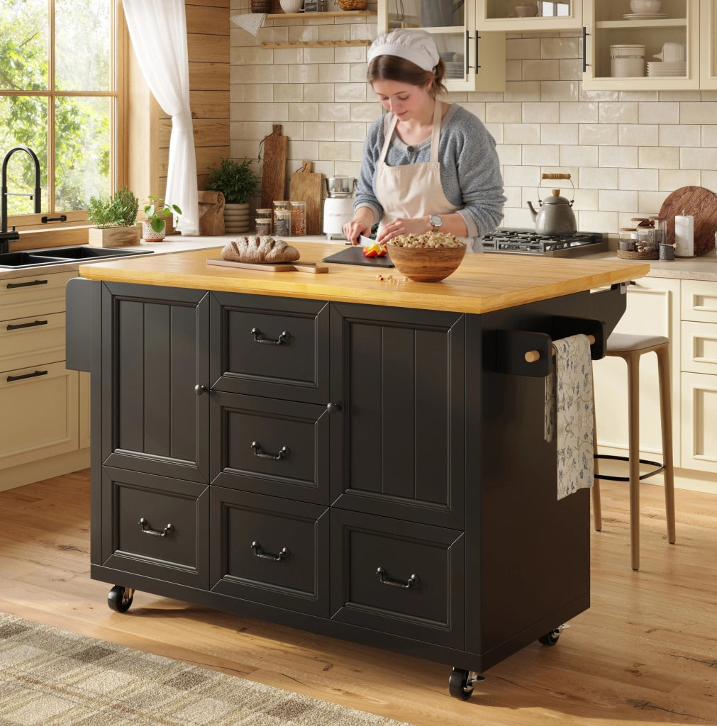 Isola da cucina 120 x 73 x 93 cm in MDF nero, con ruote e pieghevole, con vani
