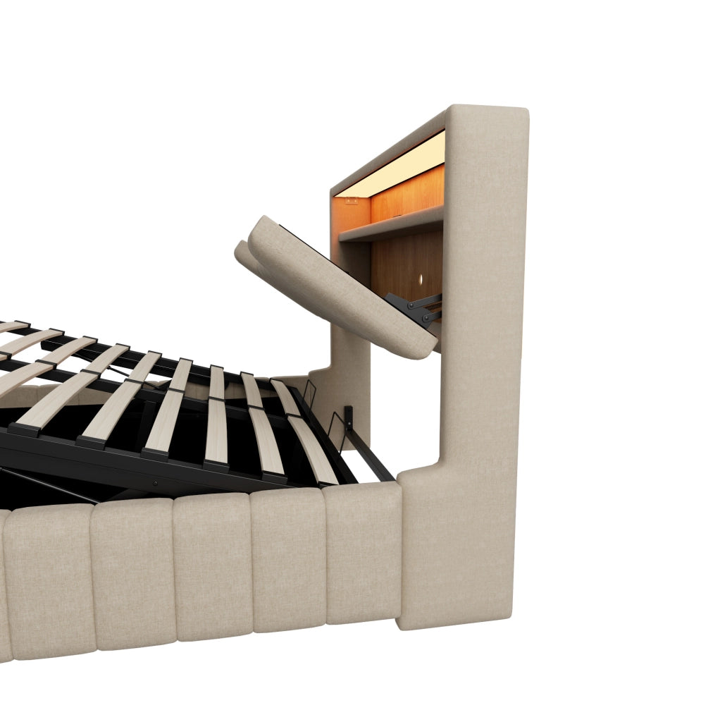 Letto imbottito contenitore 140 x 200 cm beige con LED, porte USB e USB-C