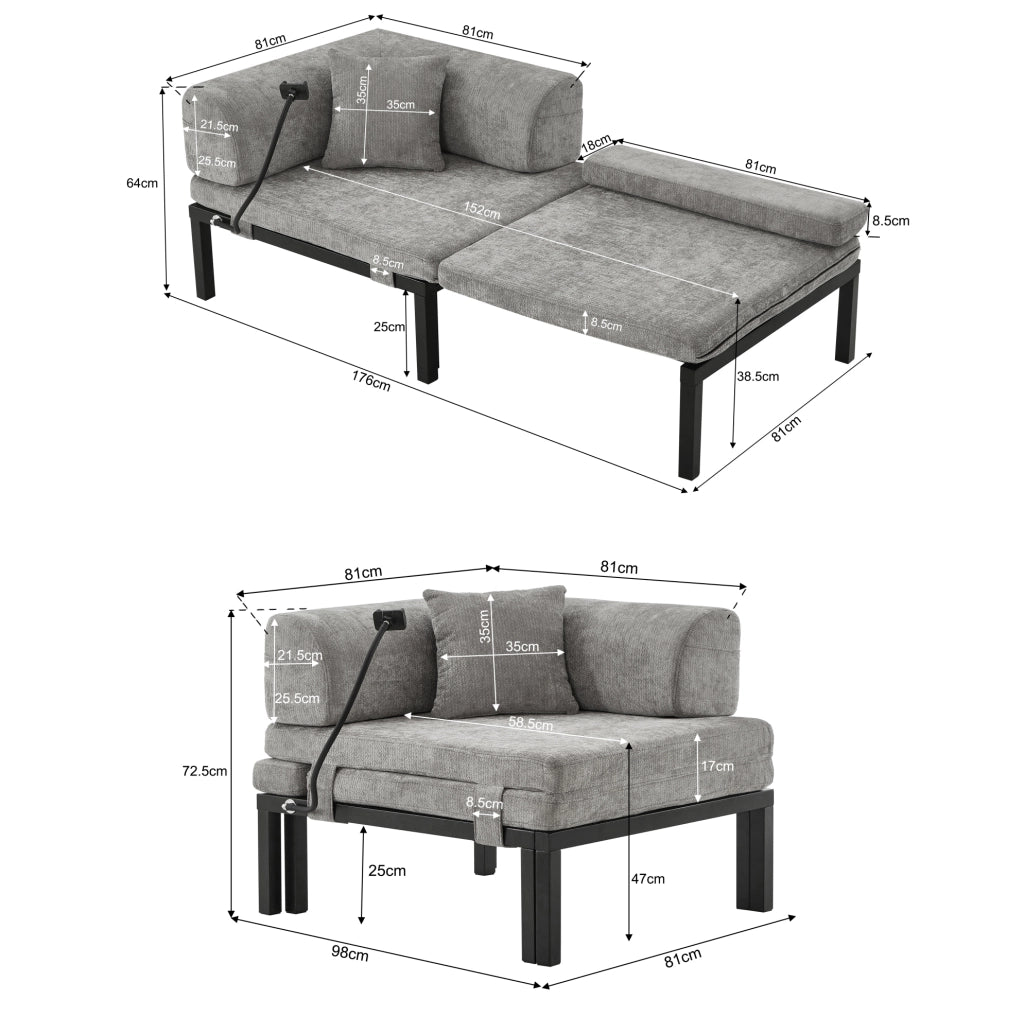 Divano Letto Pieghevole in Legno Massello con Letto Singolo Estraibile - Grigio Chiaro