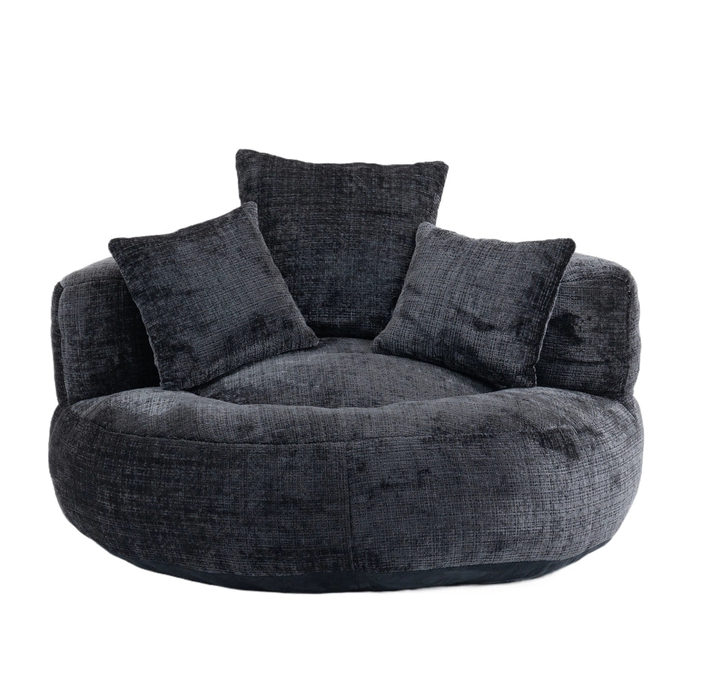 Poltrona sacco singola in ciniglia nera con schienale alto e braccioli; 108 × 108 × 52 cm