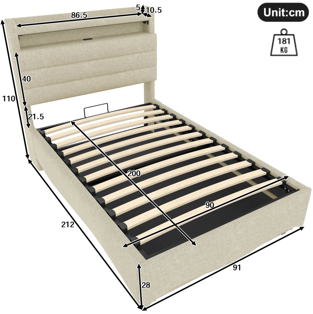 Letto imbottito 90 x 200 cm in lino beige con illuminazione LED, meccanismo idraulico e porte USB/Tipo-C