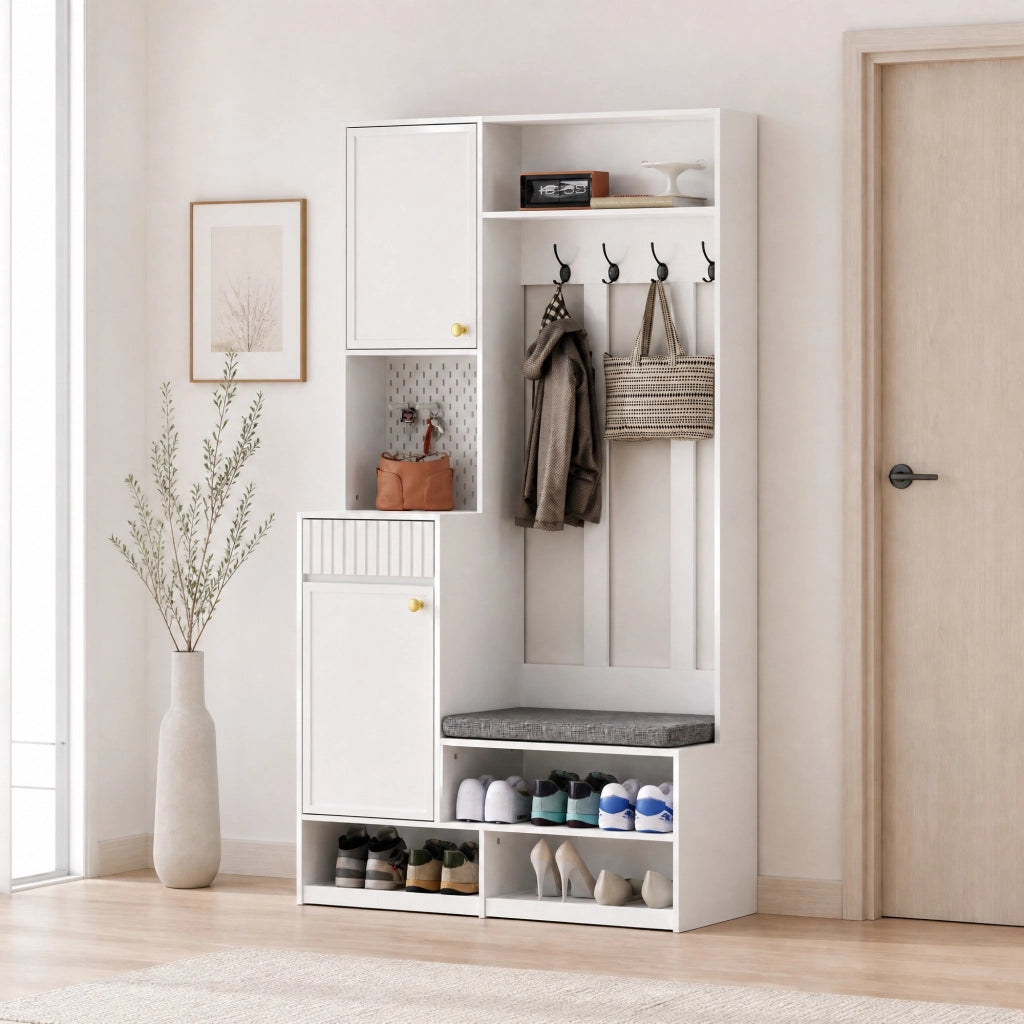 Mobile ingresso 100x35x180 cm con panca imbottita; 2 cassetti e 4 ganci in MDF bianco