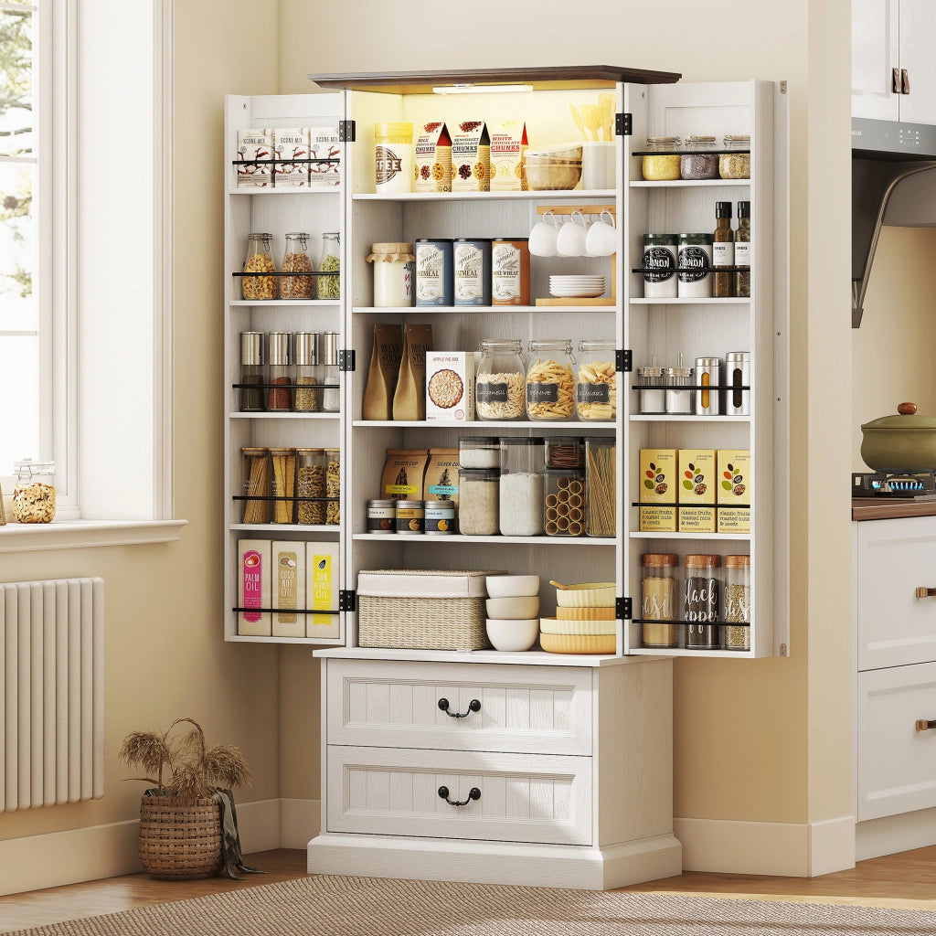 Mobile dispensa da cucina con luce LED a sensore, armadio alto 2 ante e cassetti, ripiani regolabili, 76x39,5x183cm, bianco
