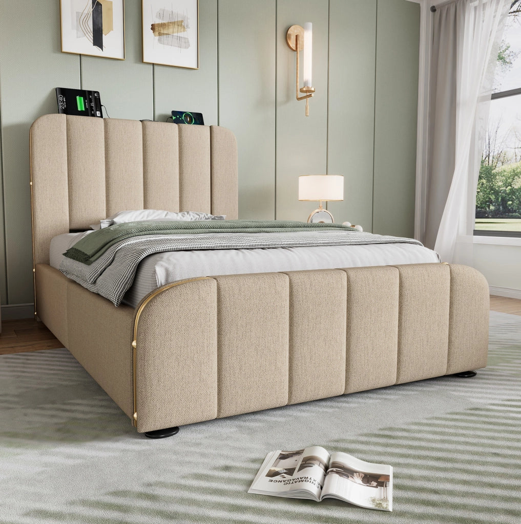 Letto singolo imbottito 90x200 cm con contenitore, USB e Tipo-C, beige