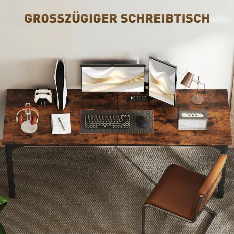 Scrivania dritta per computer con piano ampio struttura in acciaio e pannello truciolare marrone rustico 200 × 60 × 75 cm