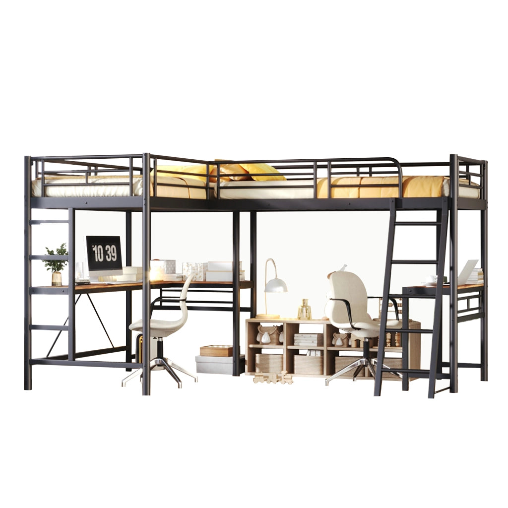 Letto a castello 90 x 200 cm con due letti, tavolo sotto il letto, doppia scala e ringhiera alta, Nero
