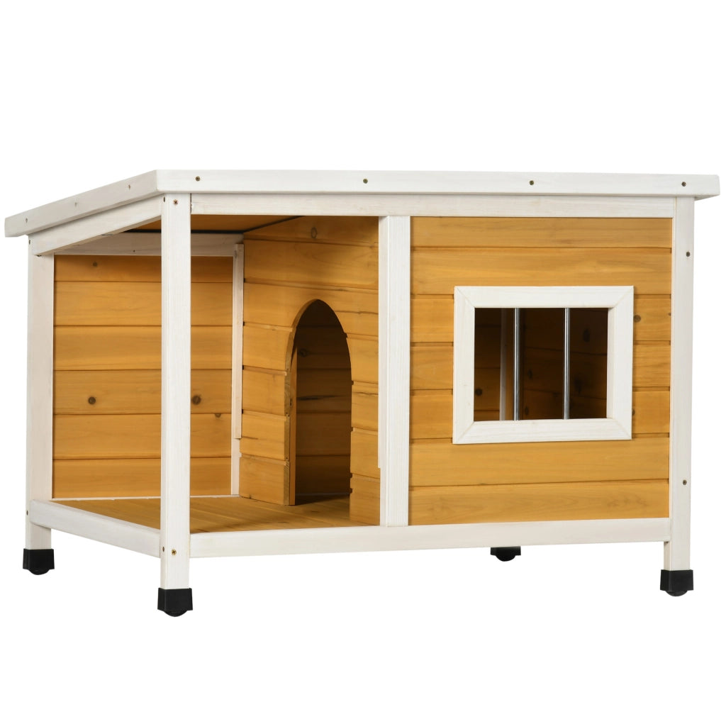 Casetta per cani con veranda 85，5 x 62 x 60 cm in legno arancione， tetto apribile