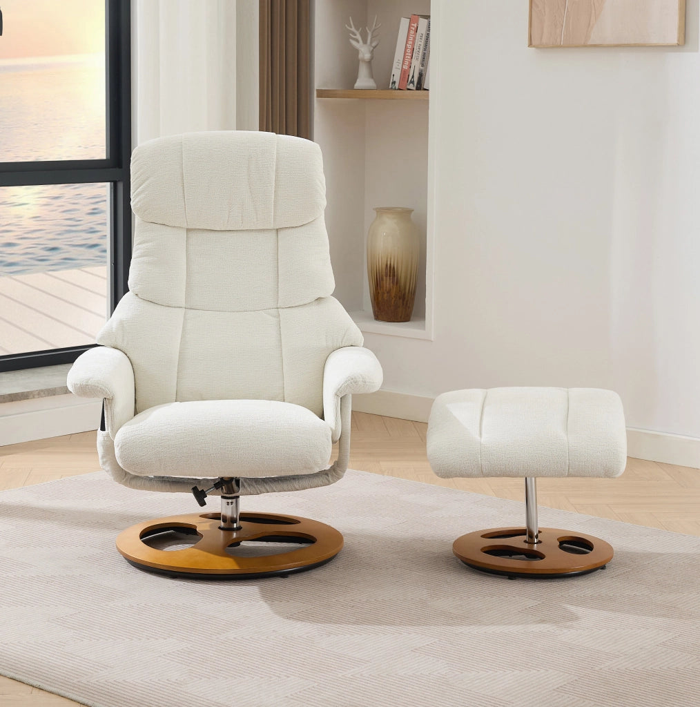 Poltrona relax con funzione massaggio e riscaldamento, girevole 360°, rivestita in tessuto chenille bianco, con poggiapiedi