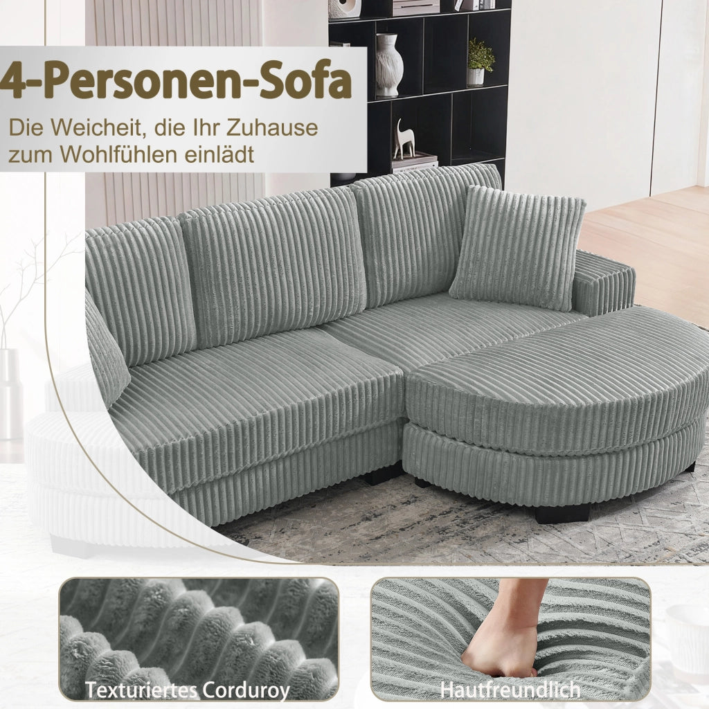 Divano angolare modulare 4 posti con pouf ovale reversibile e 2 cuscini, in velluto a coste grigio