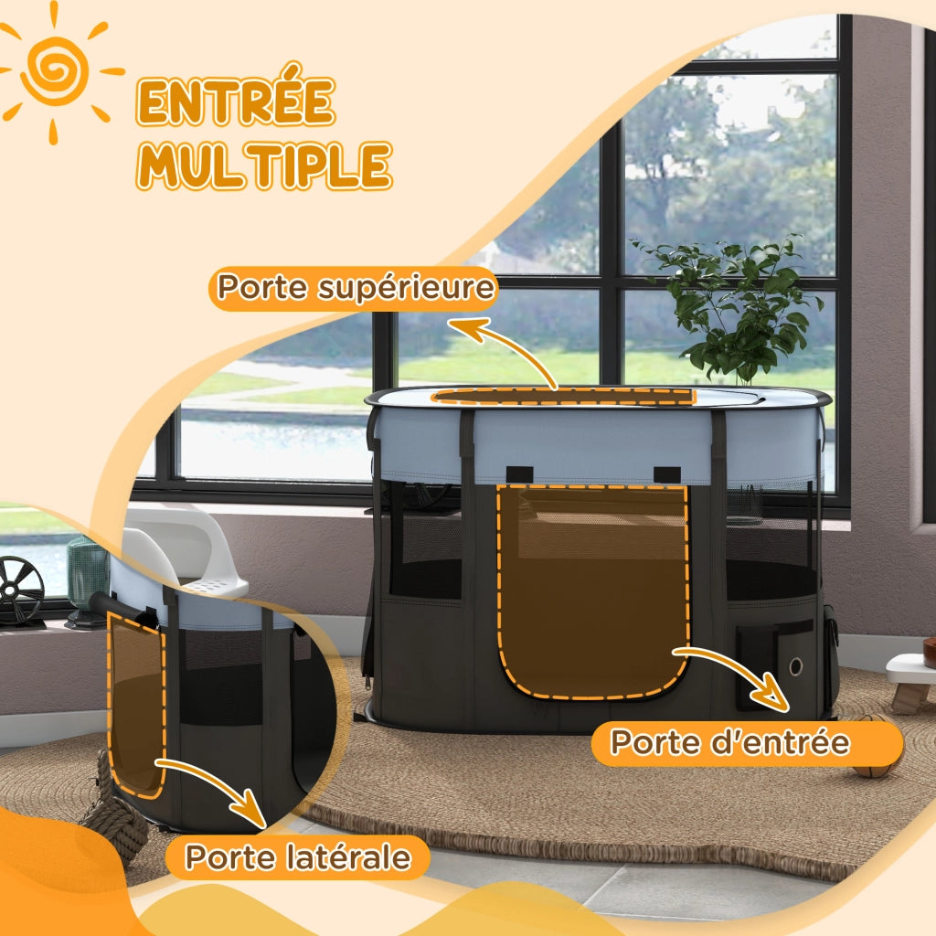 Recinto Pieghevole per Cani Gatti Animali Domestici in Tessuto Oxford con Scomparto ¨C Minimal ¨C 84x64x53 cm Grigio Nero