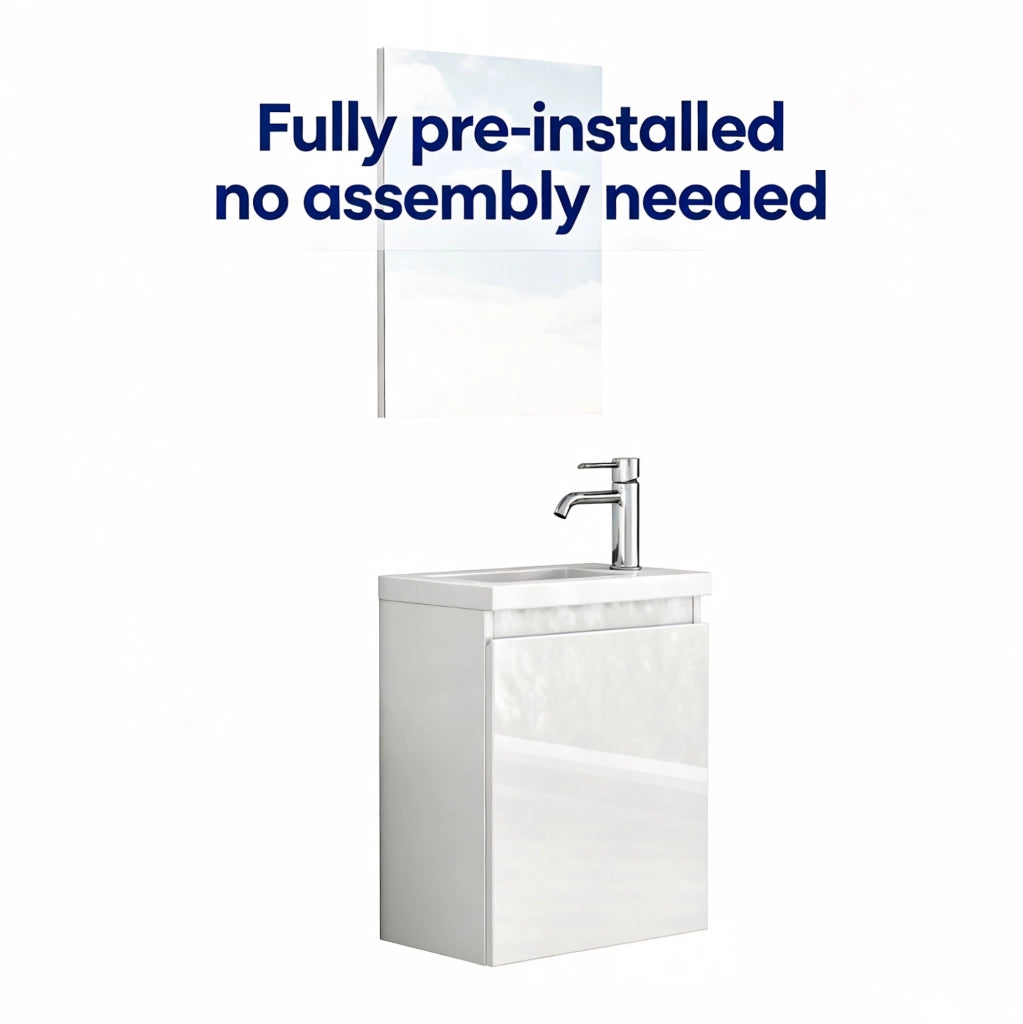 Mobile bagno sospeso 40 cm bianco lucido con lavabo in ceramica e specchio, design senza maniglie con cerniere ammortizzate, preassemblato