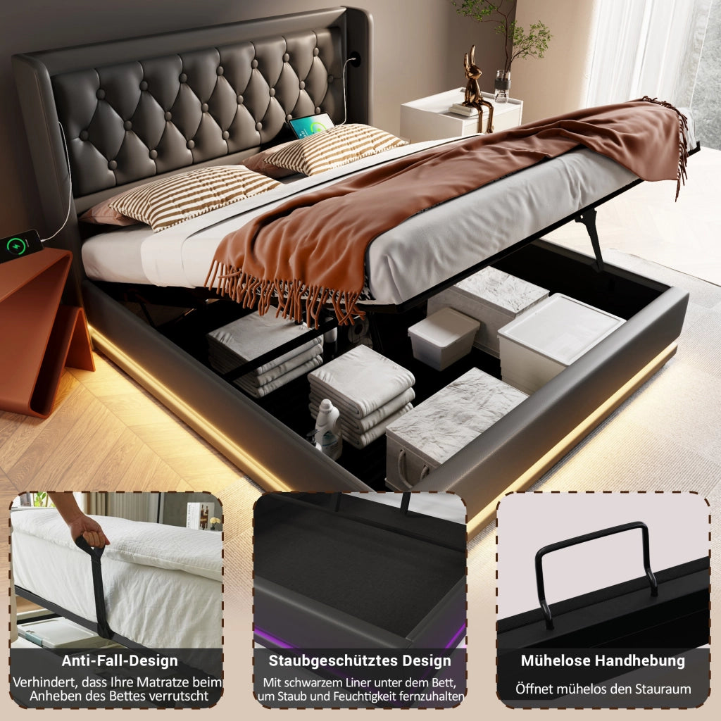 OKWISH Letto Contenitore 160×200 cm, Letto Matrimoniale con USB, Type C e LED Regolabile, senza Materasso, in PU, Nero