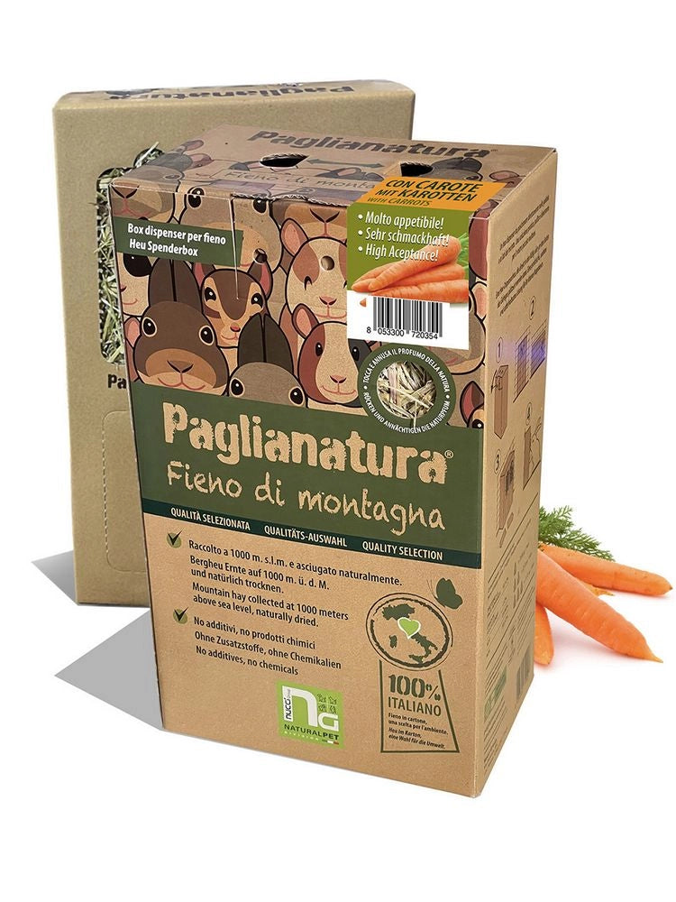 Dispenser di Fieno Montagna 600gr + Carote - Ideale per Conigli, Roditori E Piccoli animali - Accessorio Ecologico per un'Alimentazione Naturale