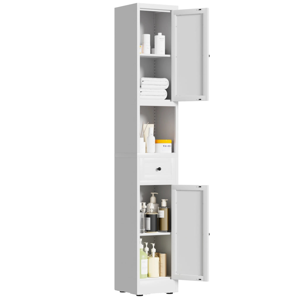 Mobiletto bagno bianco in metallo stretto con 5 ripiani regolabili e 2 ante, H 180 x L 30 x P 30 cm