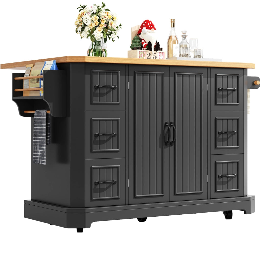 Isola cucina mobile 120x45x91 cm con 2 ante e 6 cassetti nera HOMVRA