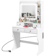 Toeletta da Trucco con Specchio Luci LED 3 Tonalità, Prese USB, 4 Cassetti e Mensole, Design Moderno, 90x45x160cm, Bianco