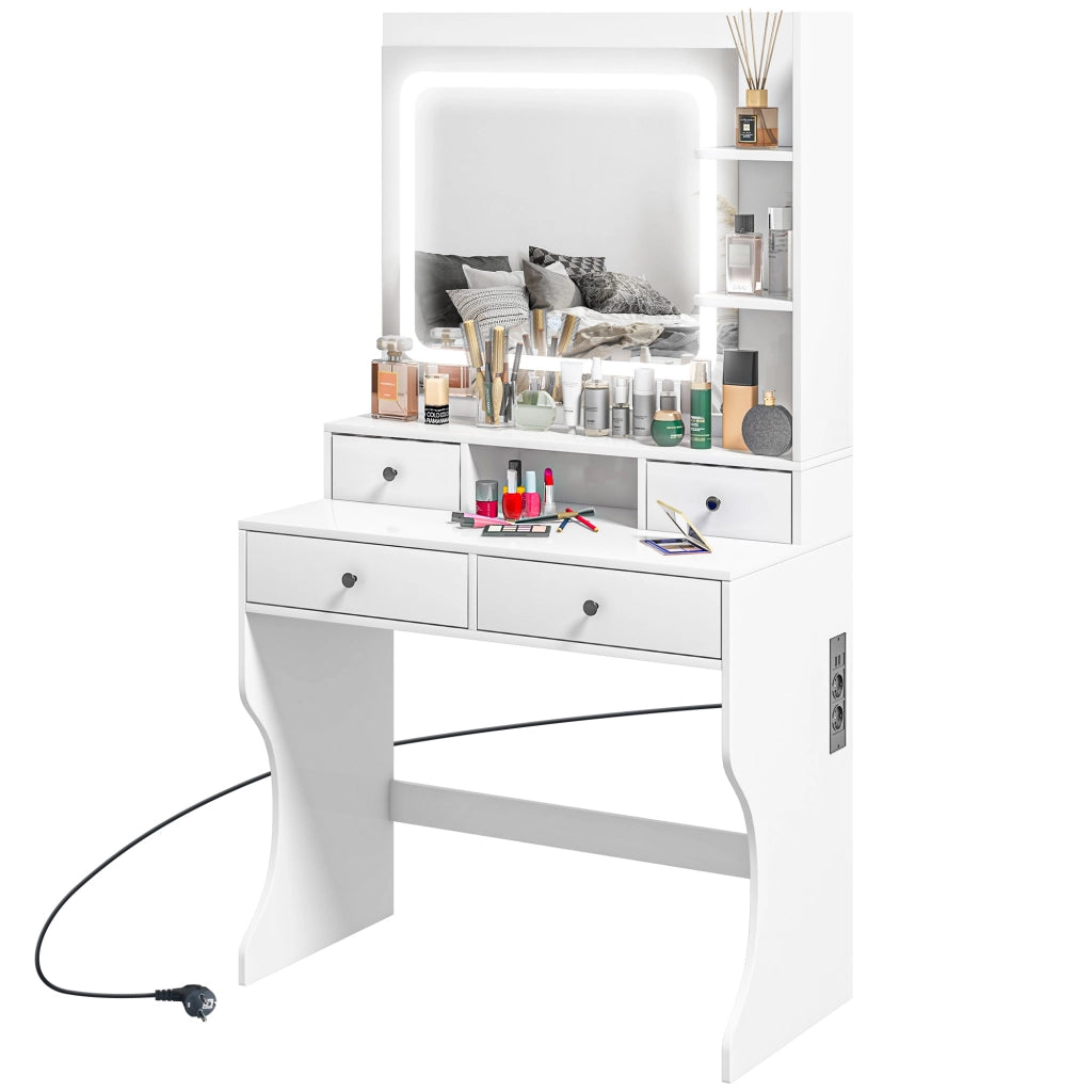 Toeletta da Trucco con Specchio Luci LED 3 Tonalità, Prese USB, 4 Cassetti e Mensole, Design Moderno, 90x45x160cm, Bianco