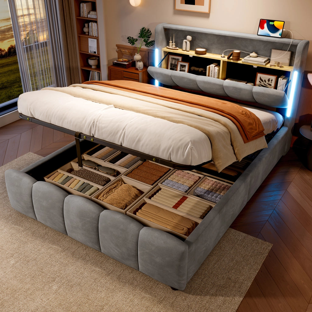 Letto contenitore 140 × 200 cm matrimoniale con vano idraulico; LED; USB e Type-C; senza materasso; in velluto grigio