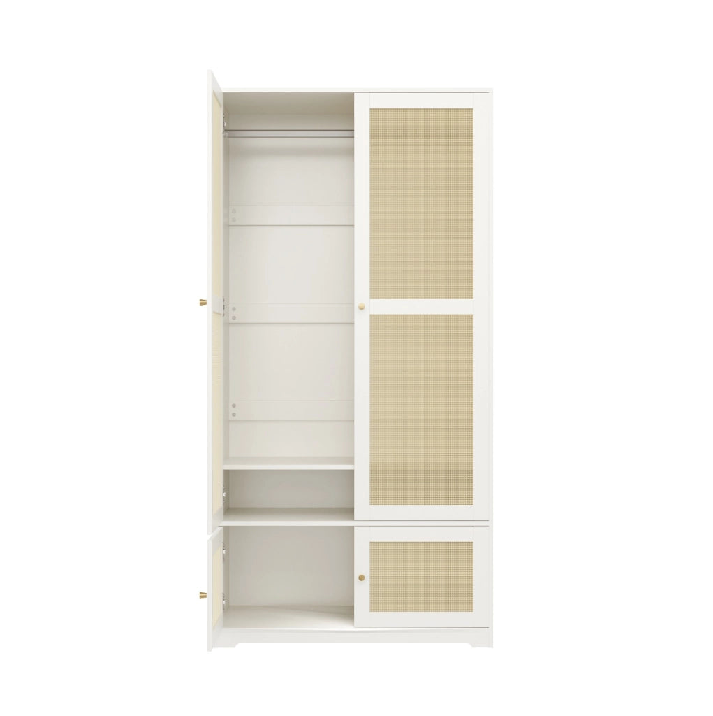 Armadio a Due Ante in Legno 90 x 48 x 180 cm con Ante in Rattan Bianco - Ideale come regalo per Halloween e Natale
