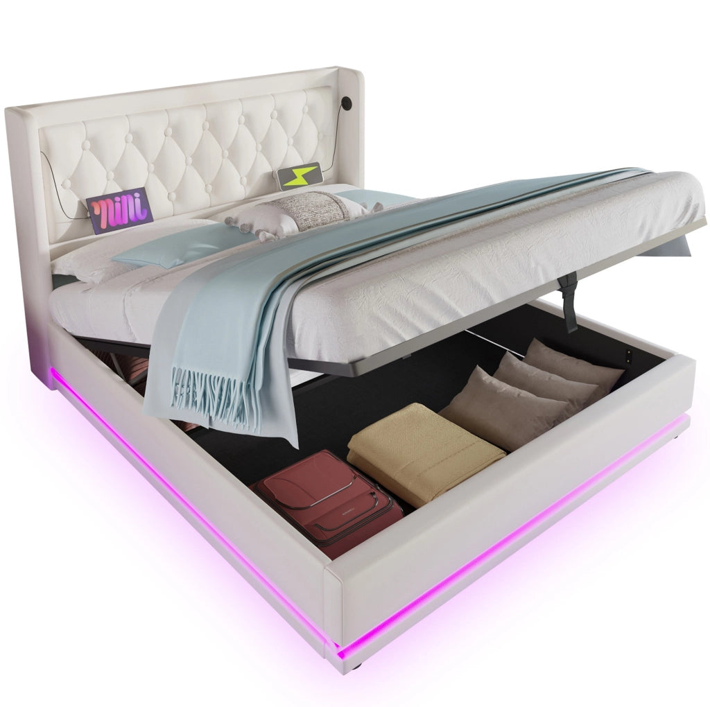 Letto matrimoniale 180x200 cm bianco in PU con contenitore idraulico, LED e ricarica USB-C