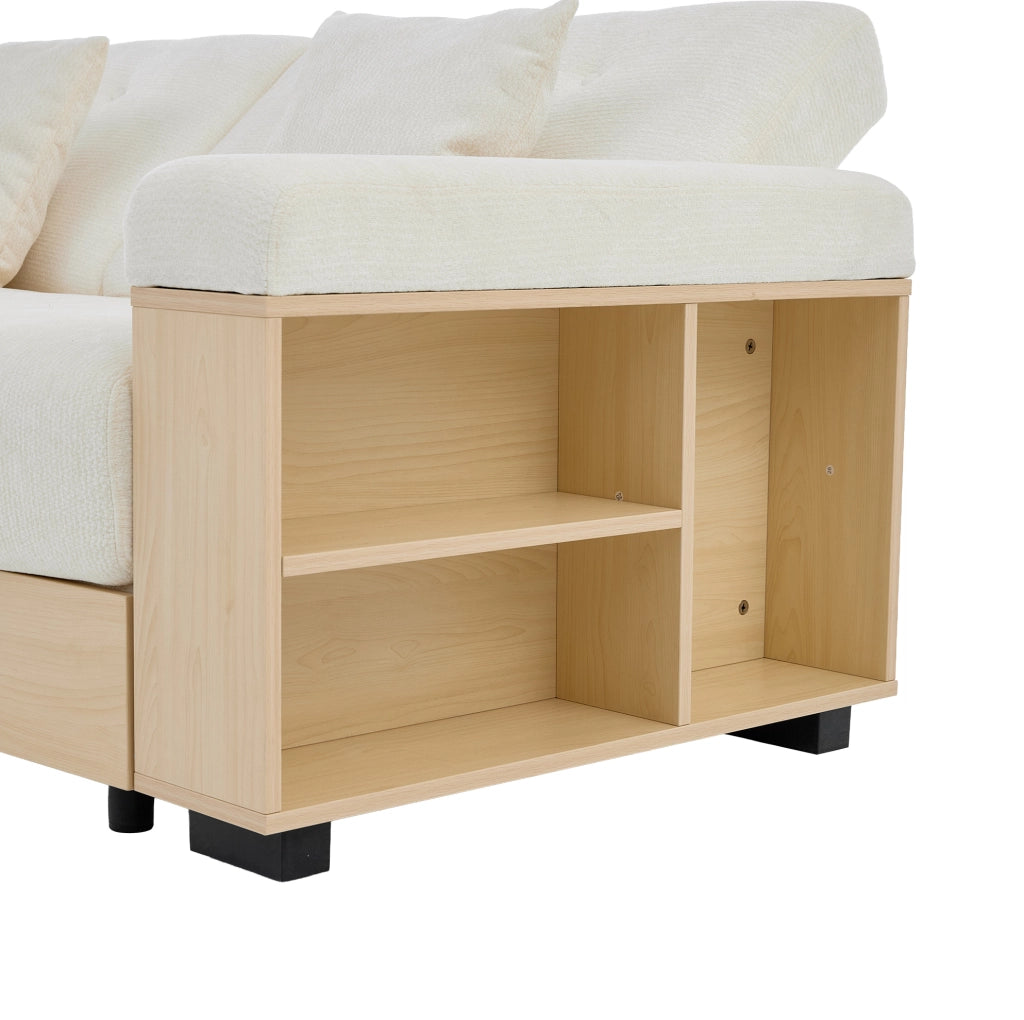 Divano letto 217x110x90 cm con contenitore e cassetti in chenille beige