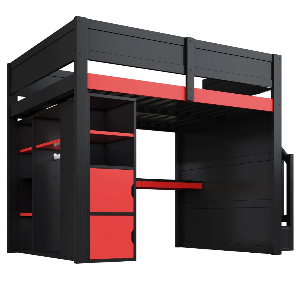 Letto a soppalco 140x200 con scrivania; luci LED e scala contenitore; nero e rosso