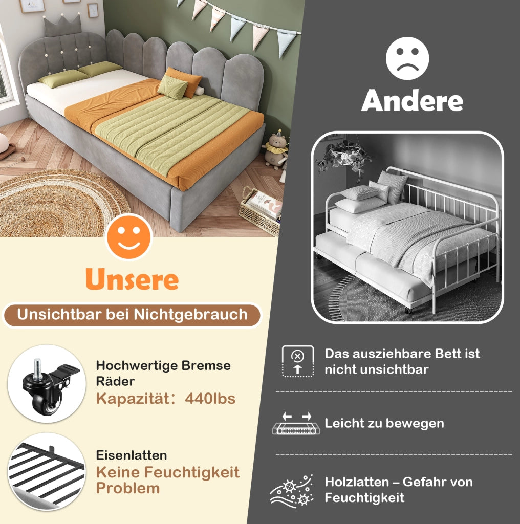 Letto singolo 90x200 cm con letto estraibile 90x190 cm in velluto grigio HOMVRA