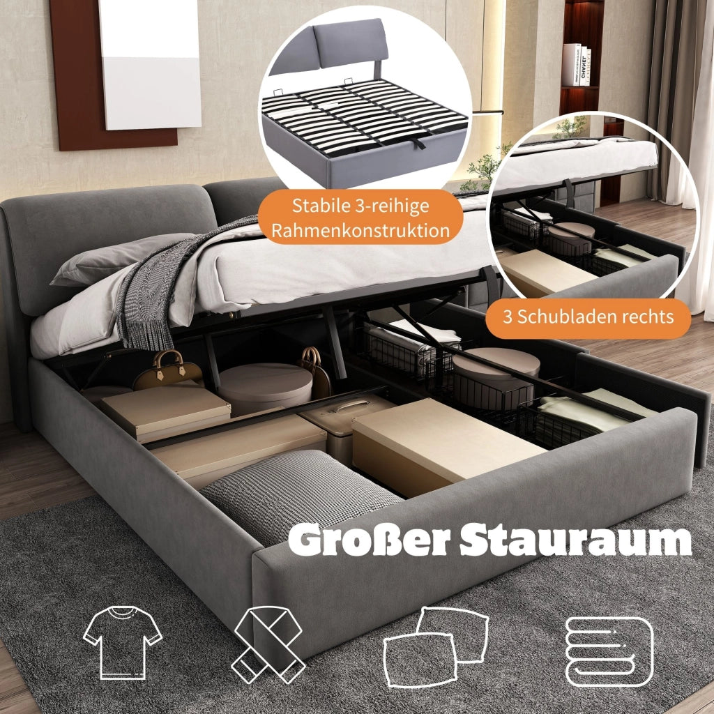 Letto imbottito matrimoniale 180x200 cm con contenitore idraulico e 3 cassetti; velluto grigio