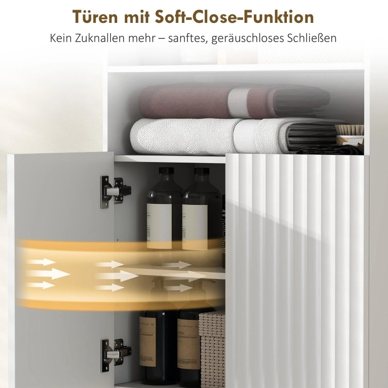 Mobiletto da bagno in MDF bianco con ante soft-close, 2 ripiani aperti e gambe dorate coniche