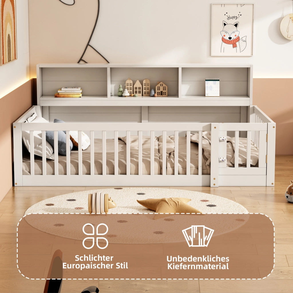 Letto da giorno 90 × 200 cm con rete a doghe in legno di pino e MDF bianco con sponde e ripiani laterali