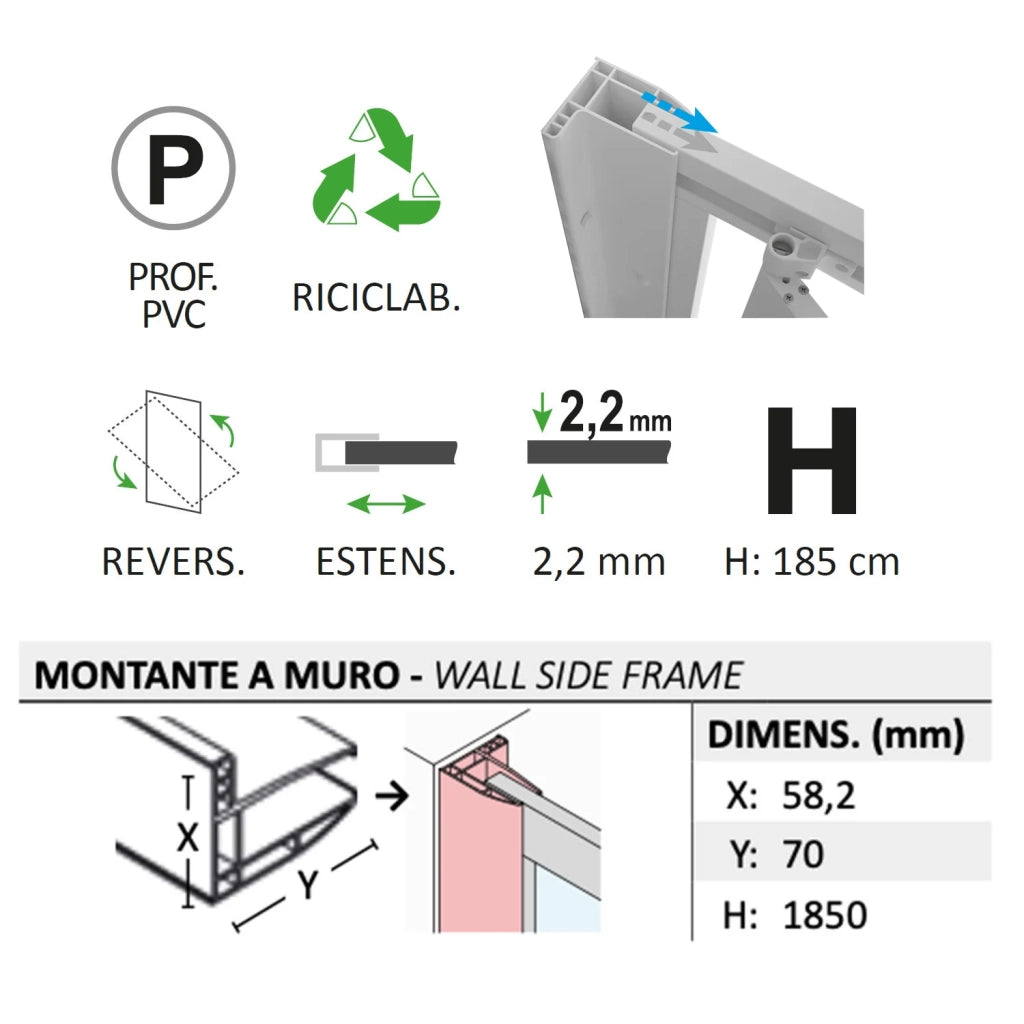 Parete doccia Walk-in Lato 90 CM H 190 in Acrilico mod. Beatrix Profilo