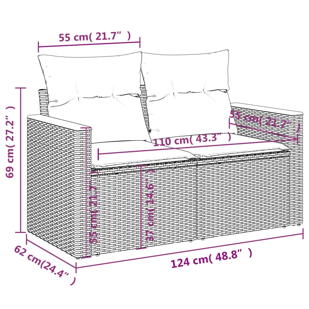 Divano da giardino con cuscini 2 posti nero in polyrattan 366035