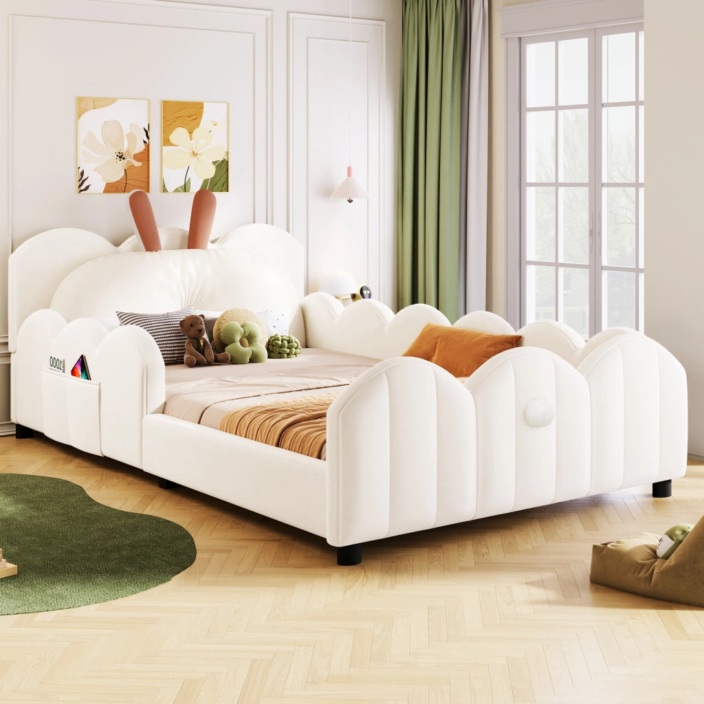 Letto imbottito 90 × 200 cm con cuscino a orecchie di coniglio e sponde continue in velluto beige
