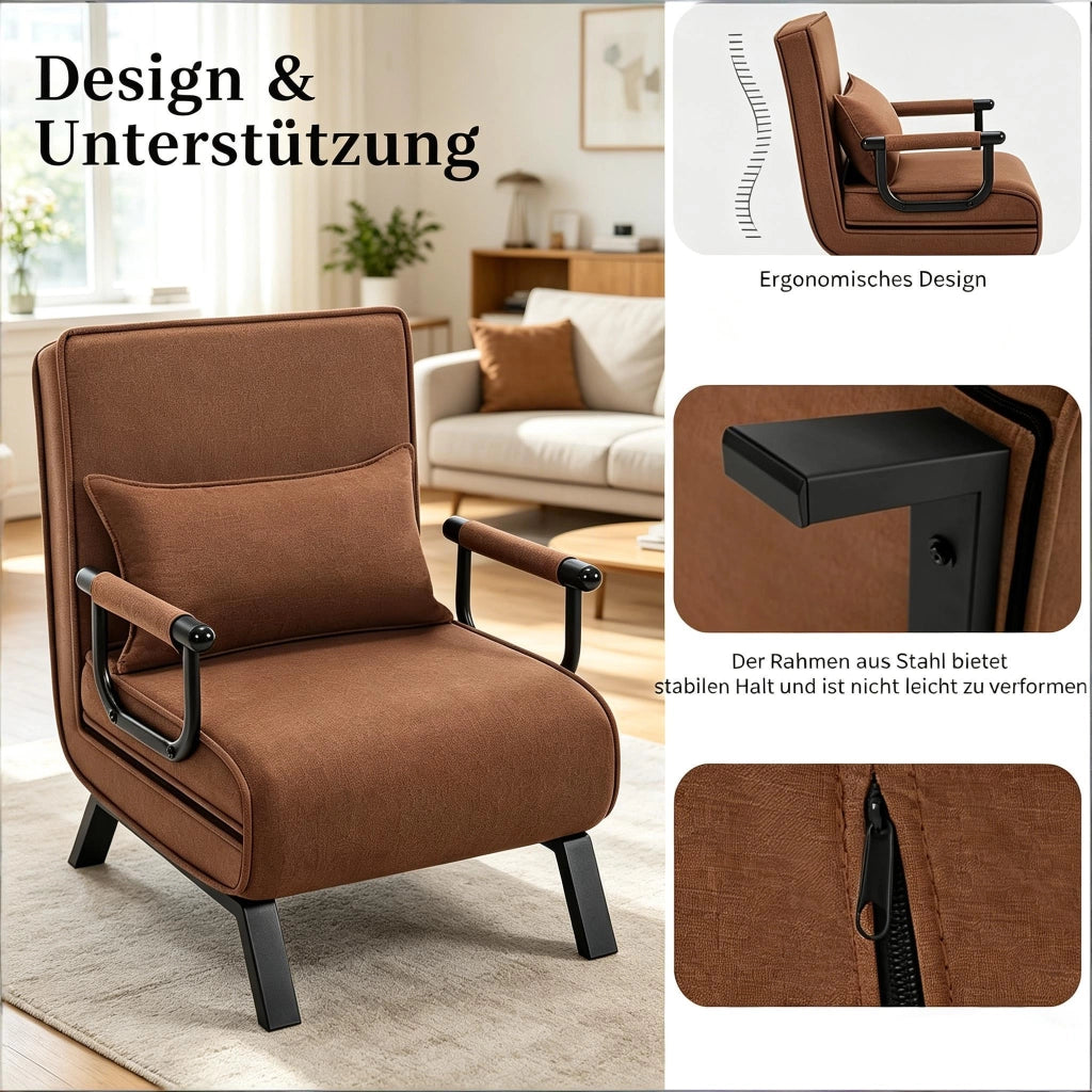 Poltrona letto 3 in 1 con schienale regolabile a 5 posizioni rivestita in lino marrone 184 × 26 × 65 cm