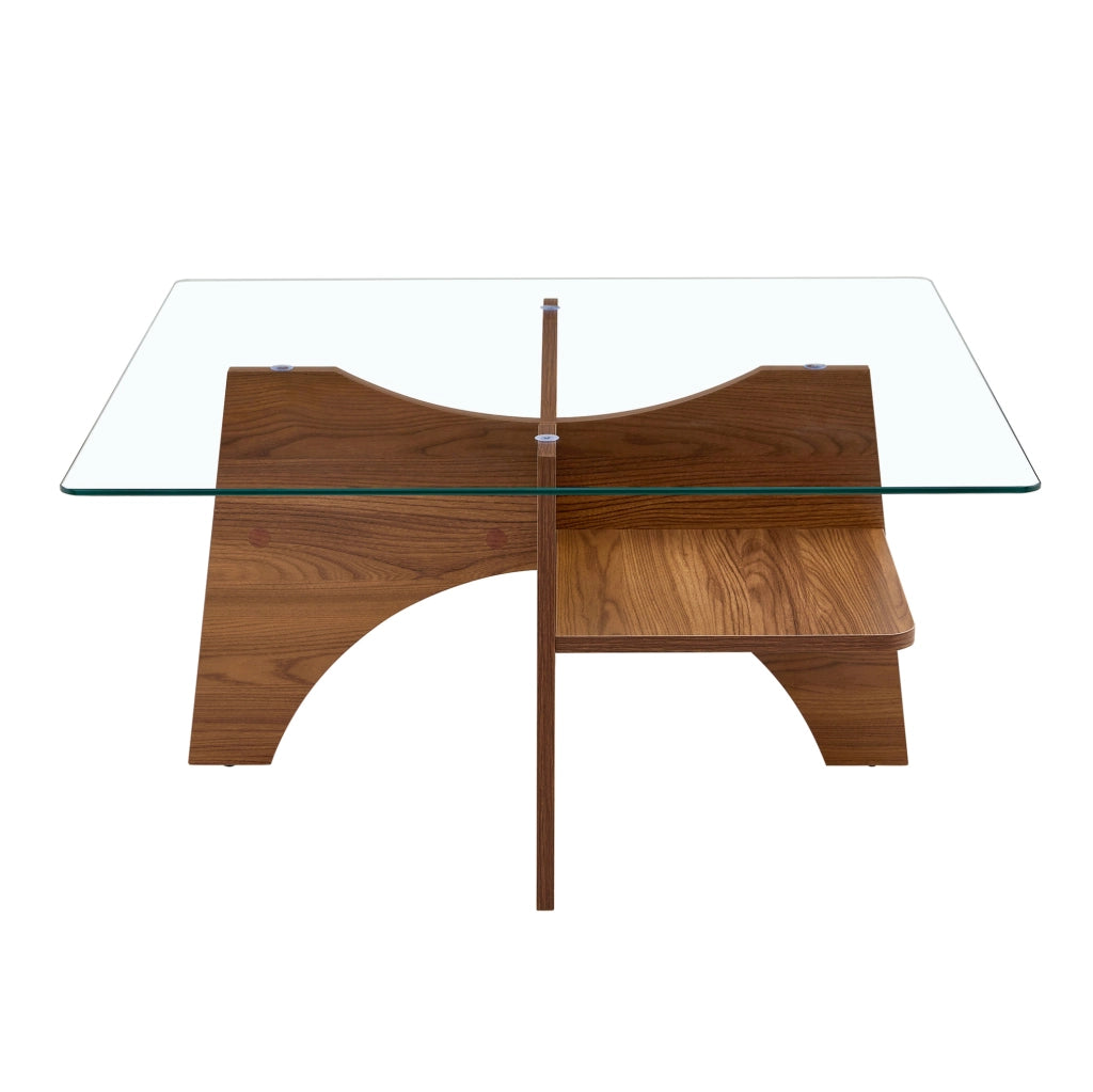 Tavolino da salotto quadrato 80x80 cm in vetro e MDF effetto noce HOMVRA