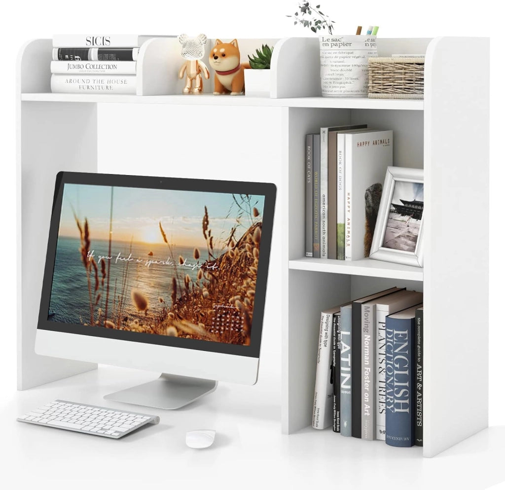 Scaffale da Scrivania in Legno, Libreria da Tavolo Salvaspazio con 4 Ripiani e Scomparto Aperto, Scaffale Espositivo per Computer, Casa Ufficio, 94x25x74 cm (Bianco)