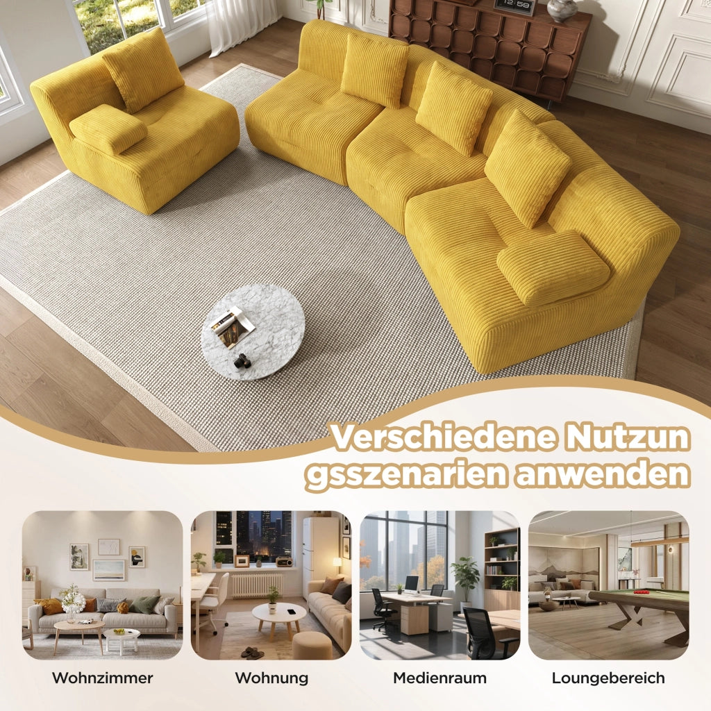 Divano modulare 4 sedili 311x90x65 cm; divano compresso senza montaggio con moduli liberi; velluto a coste; carico 400 kg; giallo brillante