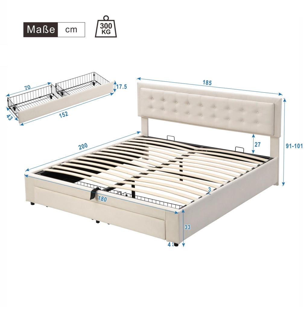 Letto matrimoniale in velluto beige 180 x 200 cm