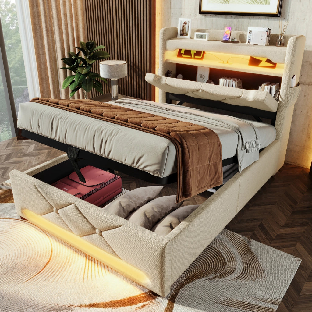 Letto contenitore singolo 90×200 cm con testiera; USB; Type C e LED; materasso incluso; lino; beige