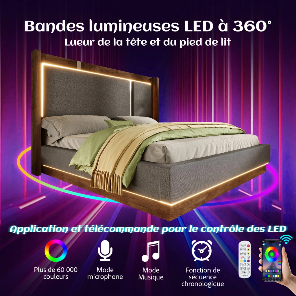 Letto Matrimoniale Contenitore 140x190 cm Imbottito con LED; senza materasso; Lino; Grigio