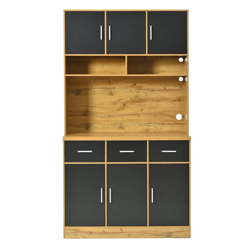 Credenza da cucina alta LED con 6 ante, 3 cassetti e prese USB, per cucina, MDF naturale e nero, 100 × 40 × 180 cm